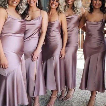 Spahgetti Straps Dusty Purple Tea Length Cheap Custom Bridesmaid Dresses Online, WGY0310