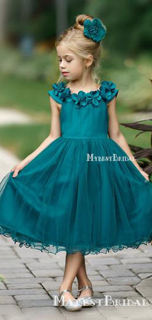 Cute Round Neck Teal Organza Teal-Length Cheap Flower Girl Dresses with Handmade Flowers, FGS0003