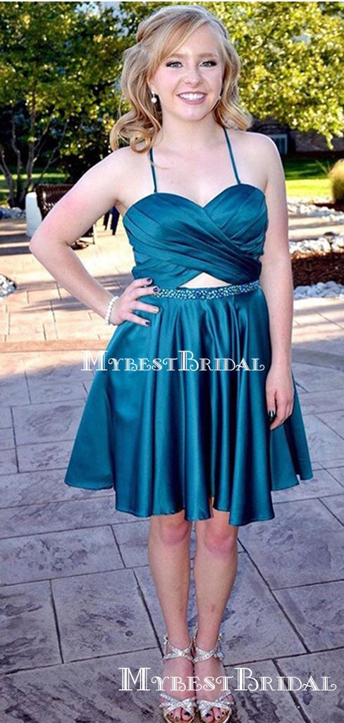Simple Halter-Strap Teal Satin Short Cheap Homecoming Dresses, HDS0016