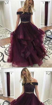 Off Shoulder Beaded Top Two Pieces Burgundy Long Prom Dress,Formal Dresses,PDY0268