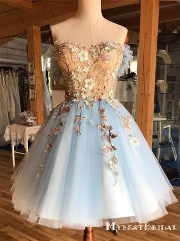 A Line Sweetheart Sleeveless Above-Knee Appliqued Light Blue Tulle Homecoming Dresses, TYP0066