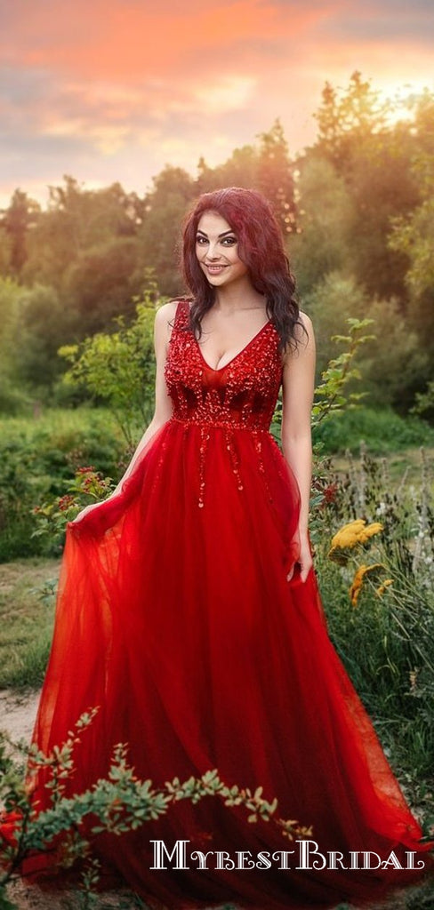 Charming Newest Cute V-neck Red Tulle Top Beaded Long Cheap Formal Prom Dresses, TYP0084