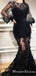 Charming Cute Sexy Round Neck Long Sleeves Black Tulle Long Cheap Mermaid Prom Dresses, TYP0088