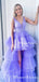 Charming V-neck Sleeveless Light Purple Tulle High Low A-line Long Cheap Evening Prom Dresses, PDS0028