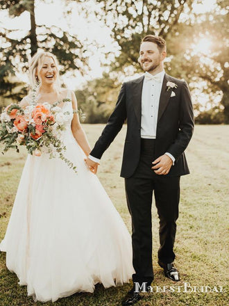 V-neck Sleeveless Long Cheap Tulle Wedding Dresses With Top Lace, TYP0013