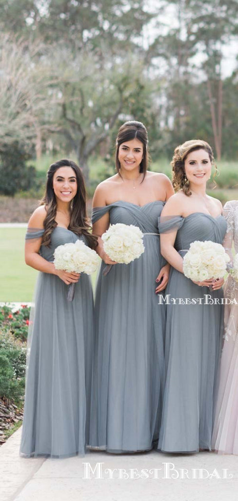 New Arrival Off-The-Shoulder Dusty Blue Tulle A-line Long Cheap Bridesmaid Dresses, BDS0069