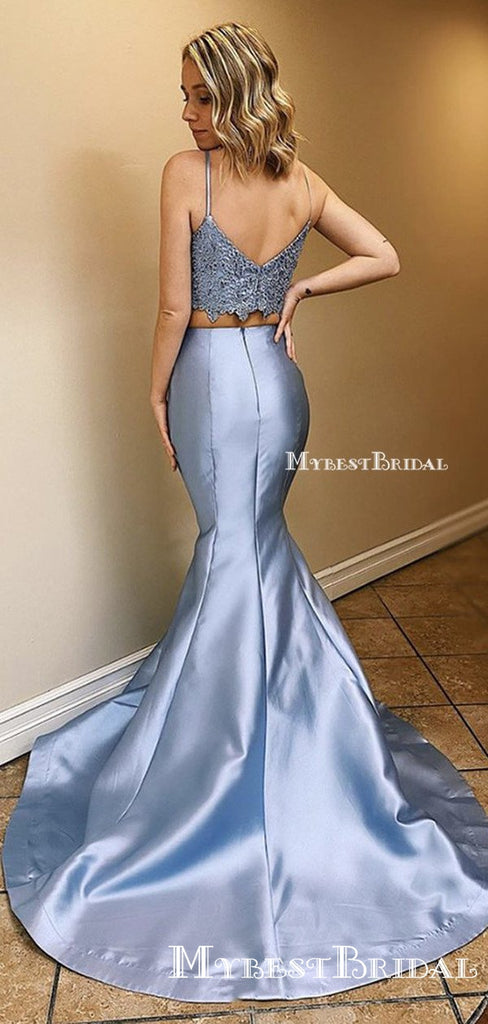 Two Piece Charming Spaghetti Straps Blue Satin Sexy Backless Mermaid Long Cheap Party Prom Dresses, PDS0043