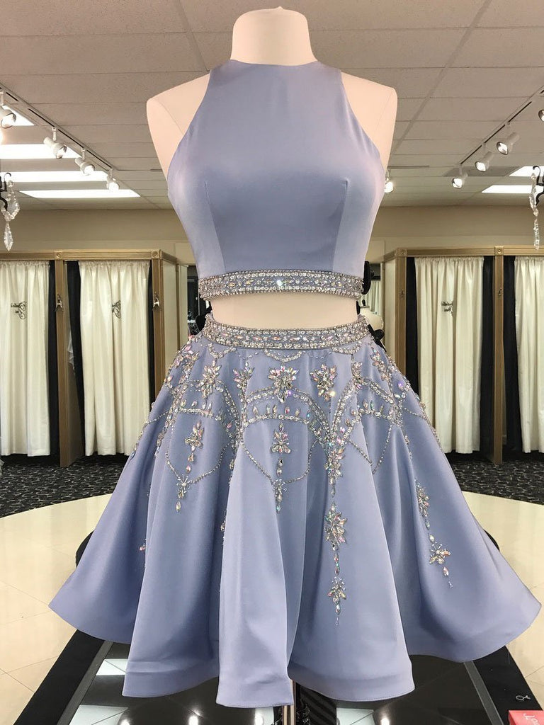 Open Back Grey Beaded Two Pieces Homecoming Dresses 2018,BDY0244