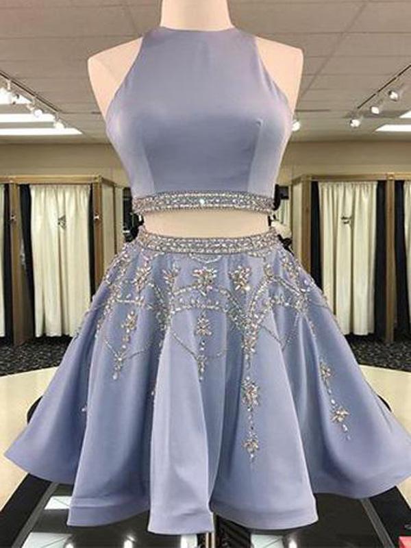 Grey Two Pieces Hatler Beaded Cheap Short Homecoming Dresses 2018, BDY0285
