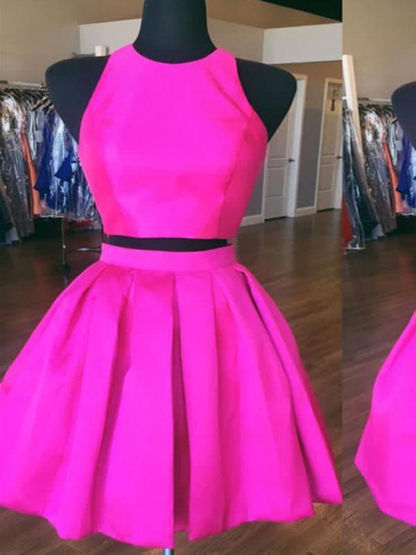 Sexy Open Back Hot Pink Two Piece Simple Cheap Homecoming Dresses 2018,BDY0258