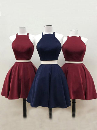 Simple Two Pieces Halter Burgundy Cheap Short Homecoming Dresses 2018, BDY0338