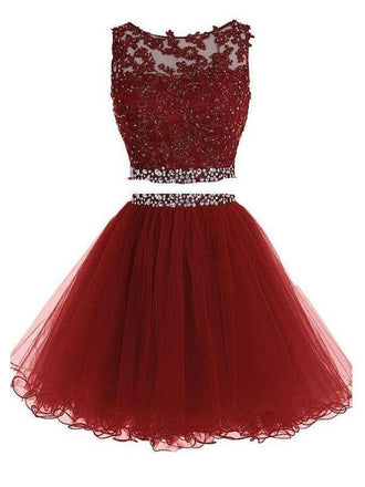 Sexy Two Pieces Burgundy  Lace Beaded Short Homecoming Dresses 2018, BDY0342
