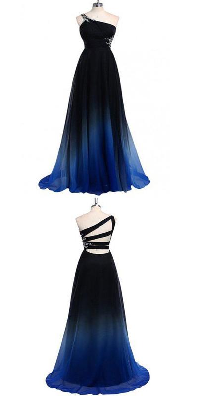 Dreamy A-line One Shoulder Sweep Train Chiffon Prom/Evening Dresses With Beads.PDY0246