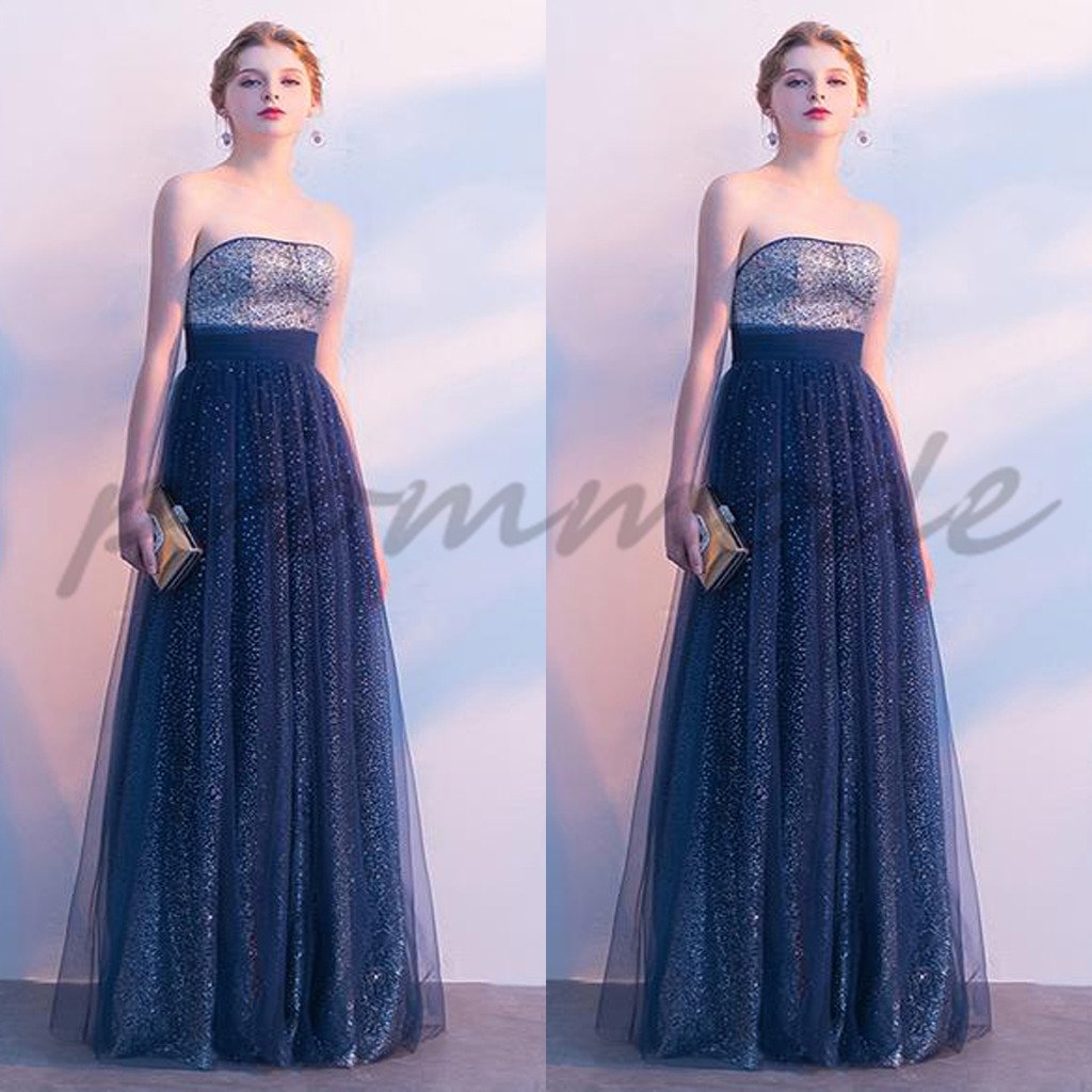 Navy Blue Tulle Strapless Long Shinny Sequin Evening Gowns,Prom Dresses,Party Dresses,PDY0347