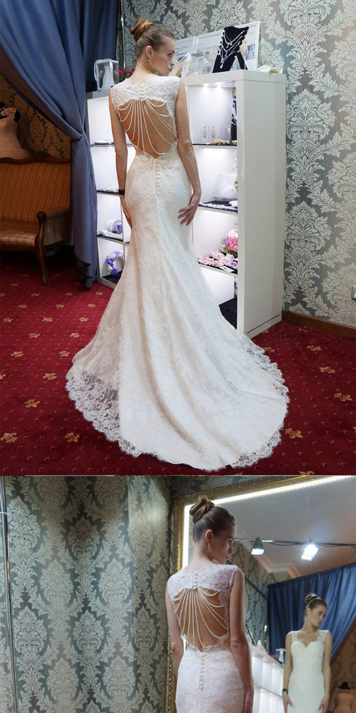 Mermaid Open Back Beaded White Lace Wedding Dresses.Cheap Wedding Dresses, WDY0273