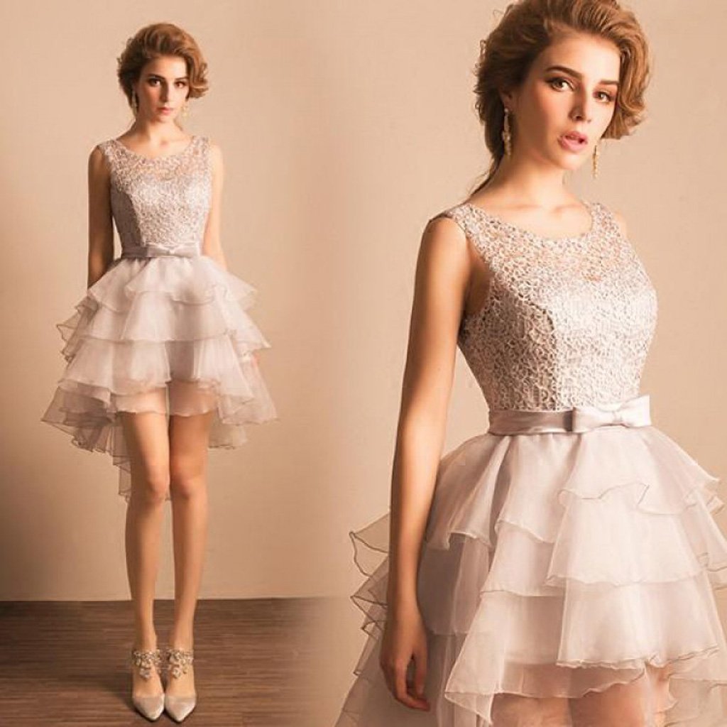 Asymmetrical Silver Lace Short Prom Dress, Party Dress, Homecoming Dress,BDY0158