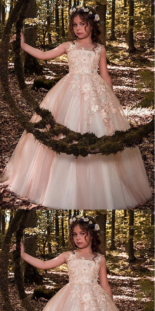 Glamorous Tulle Scoop Floor-length Lace Appliques Older Flower Girl Dresses With Flowers & Beadings,FGY0161