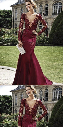 Mermaid V-neck Beaded Burgundy Lace Prom Dress ,Cheap Prom Dresses,PDY0416