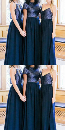 Cheap Two Piece Navy A-line Long Bridesmaid Dresses ,Wedding Party Gowns,WGY0216