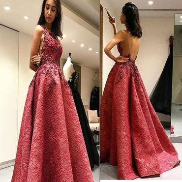Modest A-Line Sexy Sleeveless Backless Lace Formal Evening Dresses, Appliques Prom Dress  ,PDY0177