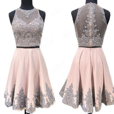 Shinning Two Piece Pink Beaded Homecoming Dresses With Lace Applique,Short Prom Dresses,BDY0168