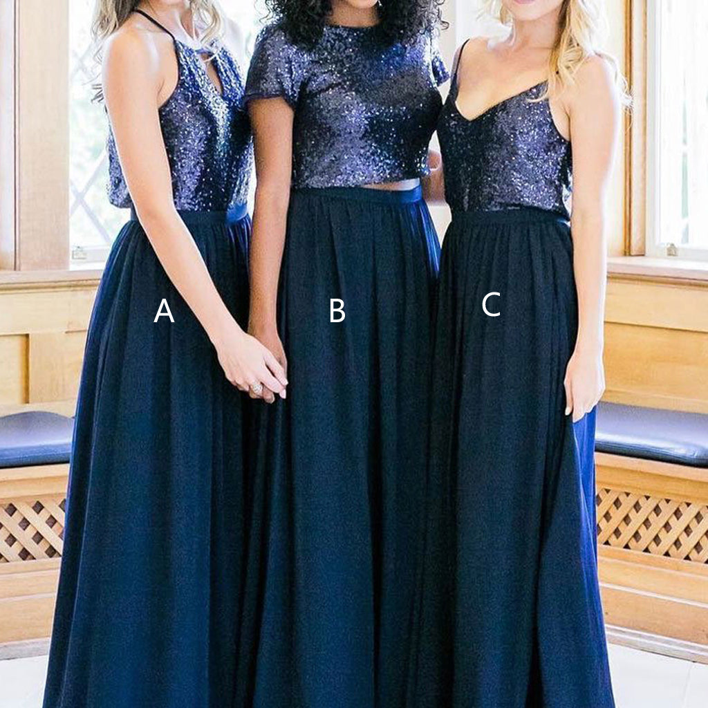 Cheap Two Piece Navy A-line Long Bridesmaid Dresses ,Wedding Party Gowns,WGY0216