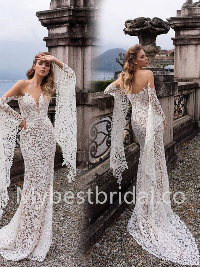 Sexy Sweetheart Long sleeves Mermaid Lace applique Wedding Dresses, WDY0277