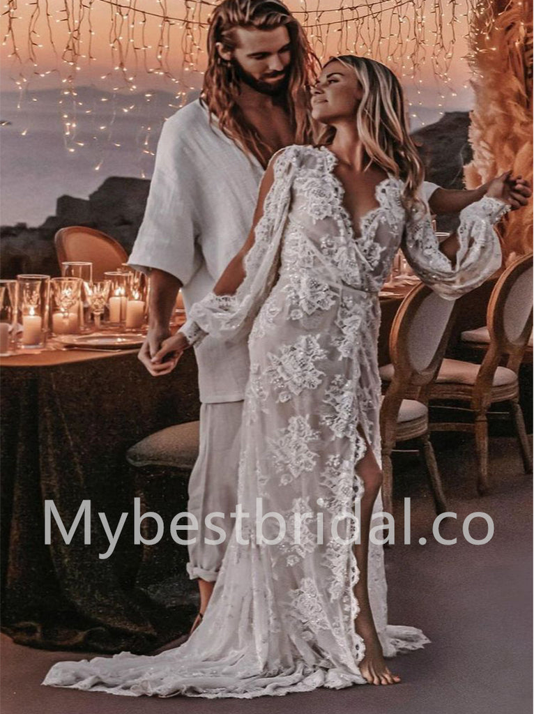 Elegant V-neck Side slit A-line Lace applique Wedding Dresses, WDY0274
