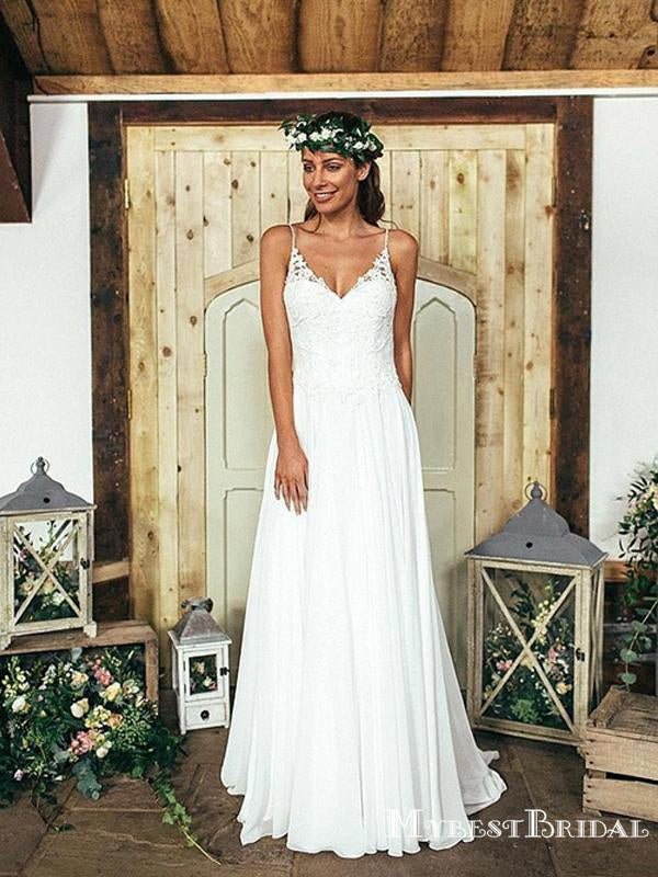 Summer Beach Spaghetti Straps Newest Long Chiffon Lace Wedding Dresses mybestbridal Summer Beach Spaghetti Straps Newest Long Chiffon Lace Wedding Dresses mybestbridal