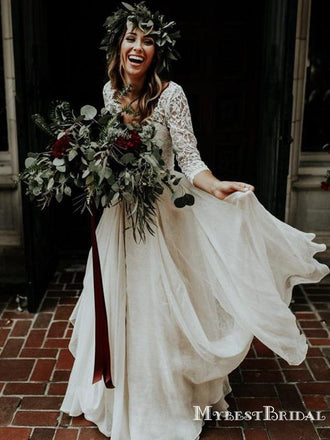 Two Piece V-neck Illusion 3/4 Sleeves Floor-length Lace Wedding Dresses with Ruching Ruffles, TYP0094