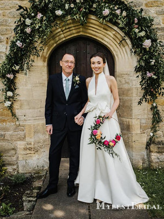 Newest Charming Elegant Simple Halter A-line Long Cheap Satin Wedding Dresses, TYP0099