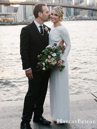 Long Sleeves Sexy Backless Scoop Sheath Long Cheap Simple Charming Wedding Dresses, TYP0100