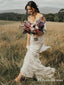 Romantic Spaghetti Straps V-neck Lace Mermaid Long Cheap Wedding Dresses, WDS0012