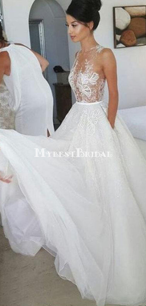 A-line Lace Sleeveless White Tulle Wedding Dresses ,Cheap Wedding Dresses, WDY0288