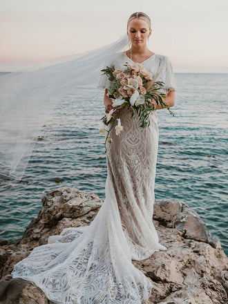 Short Sleeve V-neck Lace Mermaid Long Cheap Wedding Dresses, WDS0054