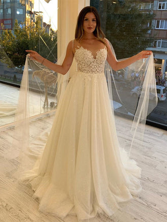 Sparkly Ivory Sequin Lace Appliqued A-line Long Cheap Wedding Dresses, WDS0052