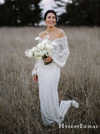 Unique Design Off-The-Shoulder Long Sleeves Lace Mermaid Long Cheap Wedding Dresses, WDS0017