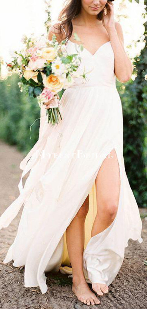 Casual Spahgetti Straps V Neck Side Slit Simple Beach Wedding Dresses, WDY0197