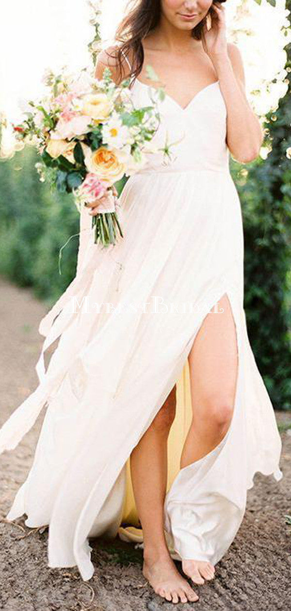 romantic casual simple beach wedding dresses Casual Spahgetti Straps V Neck Side Slit Simple Beach Wedding Dresses, – mybestbridal
