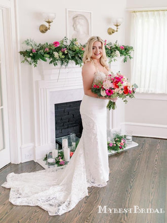 Elegant V-neck Off-White Lace Mermaid Charming Long Cheap Wedding Dresses, WDS0001