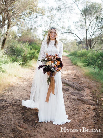 Two Piece Round Neck Long Sleeves Lace A-line Chiffon Long Cheap Wedding Dresses, WDS0011