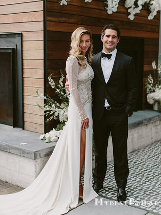 Long Sleeves Round Neck Ivory Side Slit Lace Appliqued Mermaid Long Cheap Wedding Dresses, WDS0003