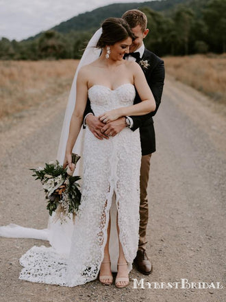 Sweetheart Charming Lace Front Slit Mermaid Long Cheap Wedding Dresses, WDS0024