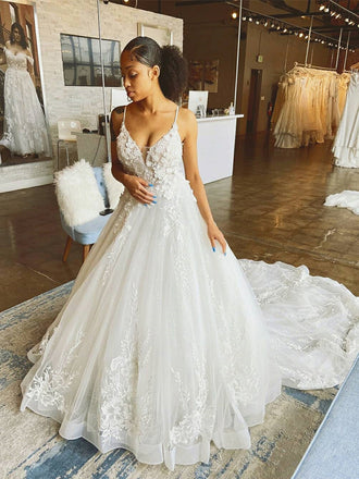 Spaghetti Strap Lace Appliqued Organza A-line Long Cheap Wedding Dresses, WDS0056