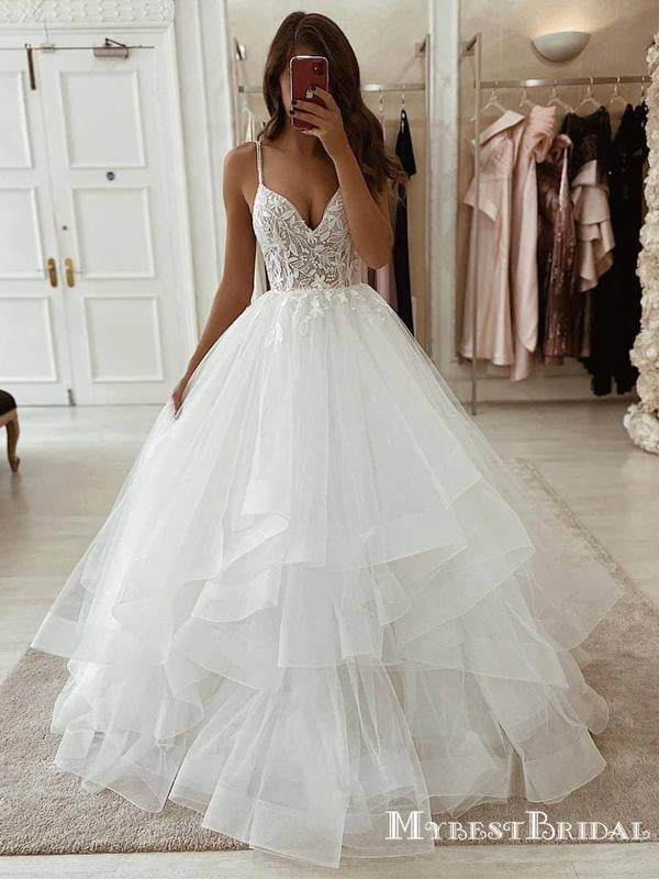 V-neck Off-White Organza Lace Applique A-line Long Cheap Wedding Dresses, WDS0026