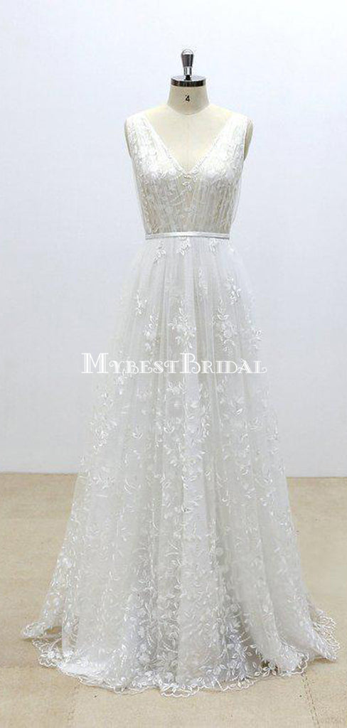 Simple V Neck Lace Cheap A-line Wedding Dresses Online, WDY0240