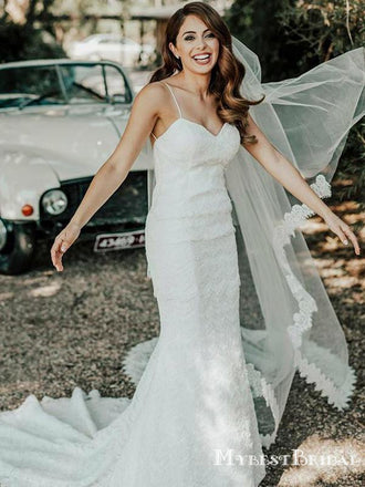 Spaghetti Strap Lace Mermaid BacklessLong Cheap Wedding Dresses, WDS0029