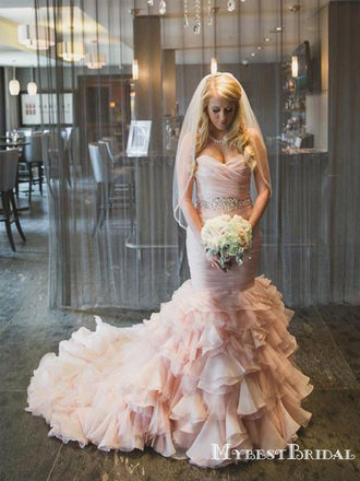 Sweetheart Pink Organza Mermaid Long Cheap Wedding Dresses, WDS0027