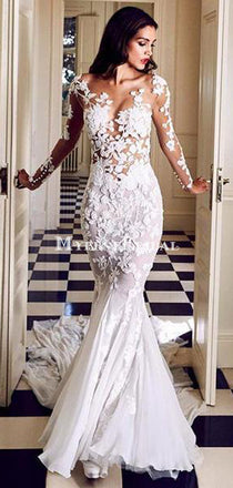 Mermaid V-neck White Lace Wedding Dresses.Cheap Wedding Dresses, WDY0275