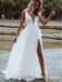 Charming V-neck Lace Side Slit A-line Long Cheap Wedding Dresses, WDS0037